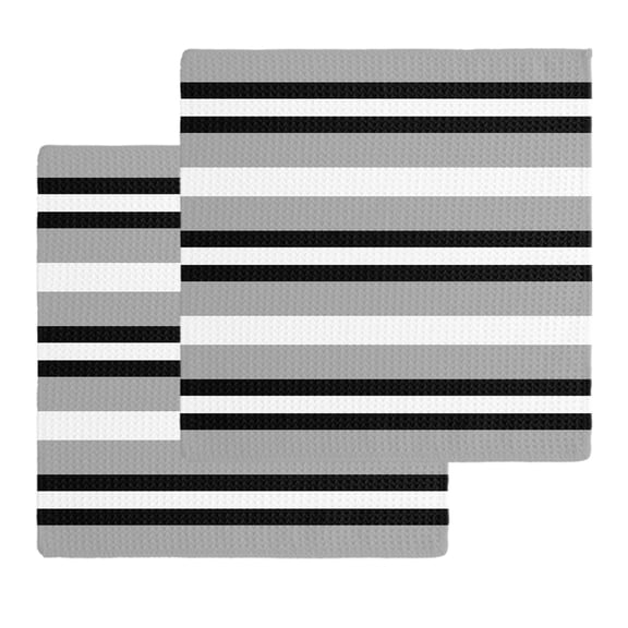 Black Gray Striped Kitchen Dish Towels for Drying Dishes Set of 2, Contemporary Minimalist Lines Art Waffle Weave Microfiber Hand Tea Bathroom Towels Quick Dry & Absorbent Towel 12x12