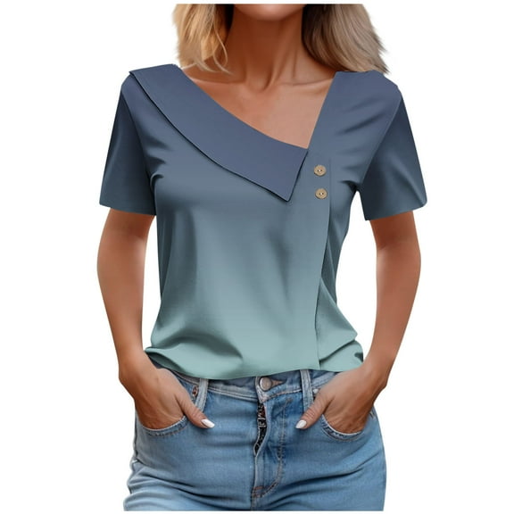 Dvprdro Women Fashion Gradient Short Sleeve Shirts Casual V Neck Buttons Tunic Blouse Summer Tops for Women