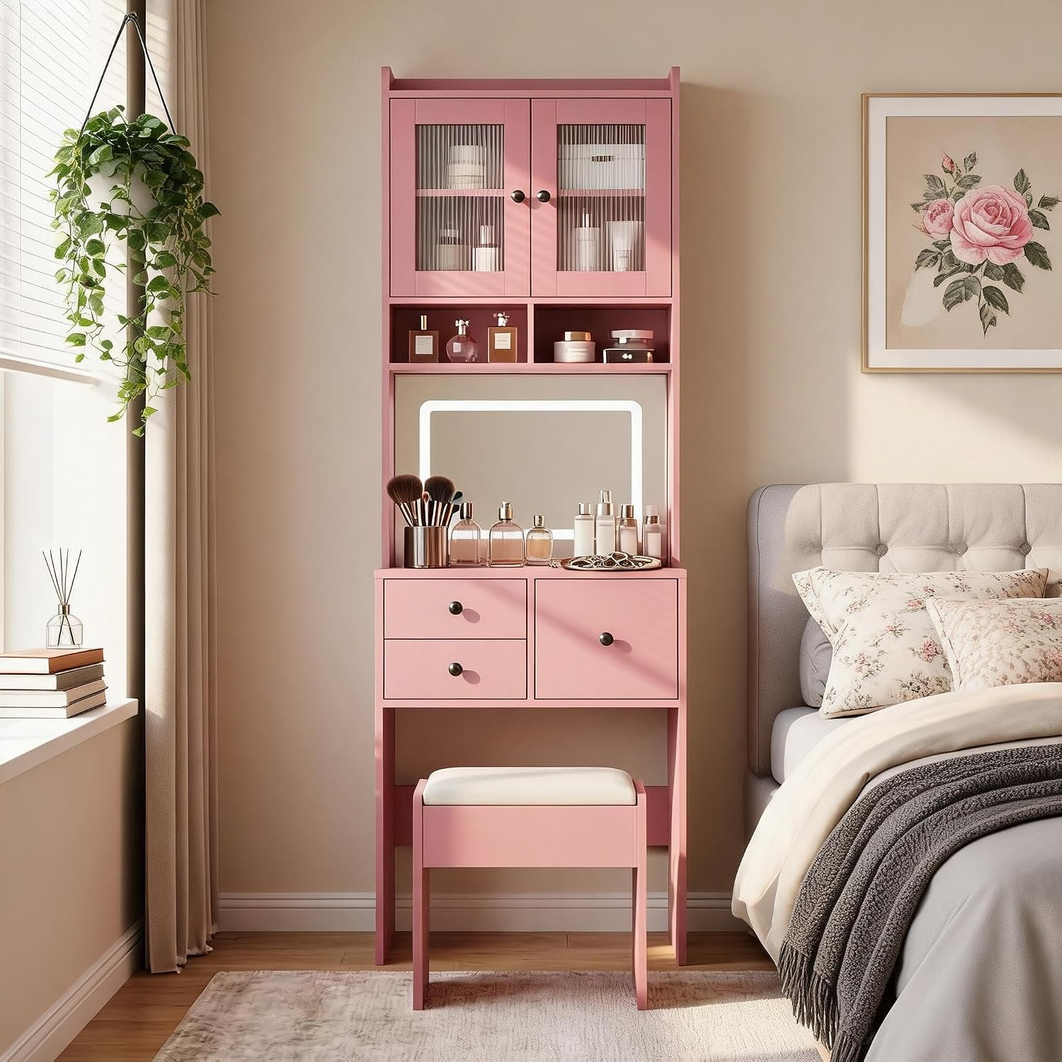 Compact Lighted Vanity Desk Set, 3 LED Lighting Modes, AC & USB-C Charging Station, 4 Drawers, Storage Cabinet, Jewelry Organizer & Cushioned Chair, Multi-Function Makeup Table Pink