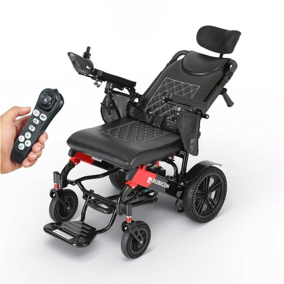 Rubicon DX11 Reclining Foldable Electric Wheelchair for Adults, Long Range 25 Miles Power Chair with 600W Motor, Dual 12AH Lithium Batteries, Airline Approved, Red/Black
