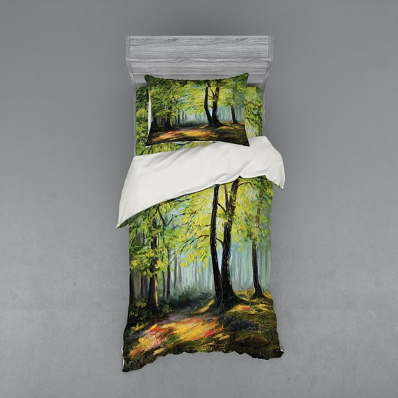 Ambesonne Colorful Bedding Set 3 Pcs, Fall Forest Landscape, Twin XL, Multicolor