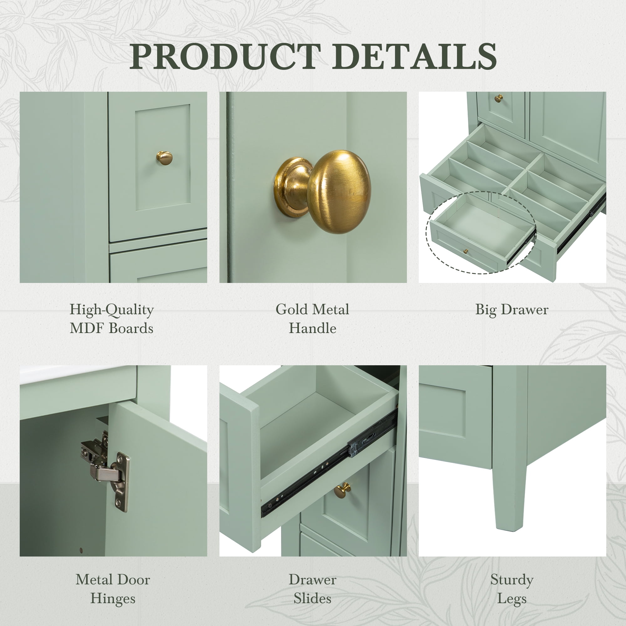 Euroco "24-Inch Bathroom Vanity with Storage, Adjustable Shelf, MDF & Rubberwood, Removable Dividers, Green Finish"