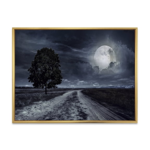 Designart 'A Full Moon Over Paved Road' Nautical & Coastal Framed Canvas Wall Art Print