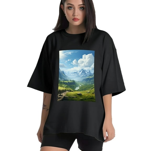 Plus Size Shirt for Women Black Tops for Women Short Sleeves Shirt for Women Mountainous (28) T Shirt Crewneck Shirt for Women XS