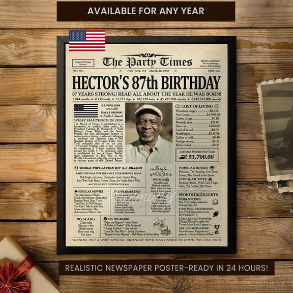 YaHaku 87th Birthday Gift for Grandma or Grandpa, 1938 Birthday Newspaper Poster, 87 Years Ago Back in 1938, 87th Birthday Decorations