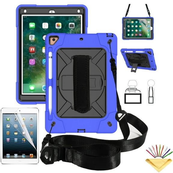 Dteck iPad 9th/ 8th/ 7th Generation Case with Screen Protector Pencil Holder Kickstand Hand/ Shoulder Strap, Heavy Duty Hybrid Shockproof Rugged Case for iPad 10.2" 2021/2020/2019,Dark Blue/Black
