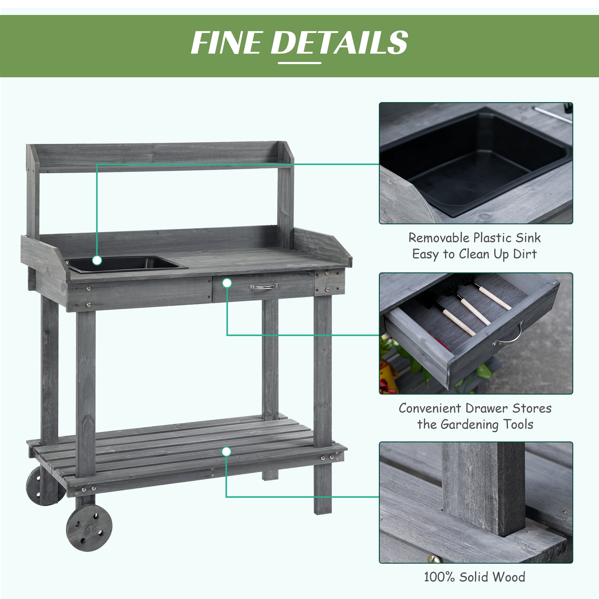 36" Wooden Potting Bench Work Table with 2 Removable Wheels, Sink, Drawer & Large Storage Spaces, Gray