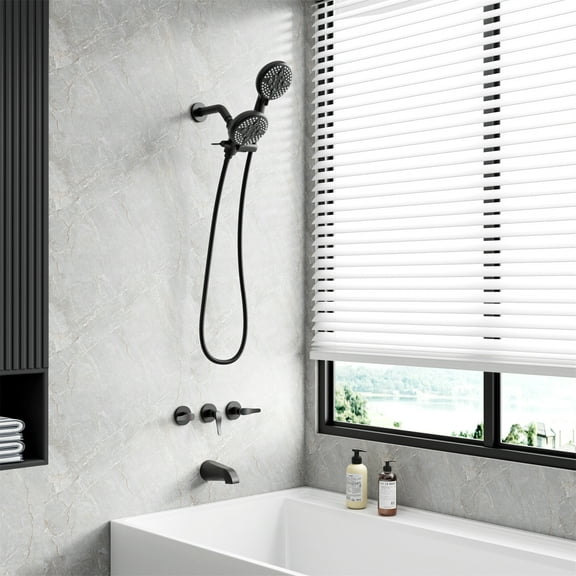 FORCLOVER Bathtub Shower Faucet Set with Tub Spout, 2-in-1 Dual Shower Head System with Handheld Spray Combo, 5-Mode, Valve Trim Kit, Matte Black
