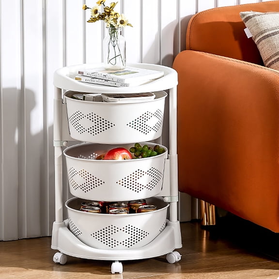 3-Tier Rotating Kitchen Storage Cart with Adjustable Baskets & Locking Wheels