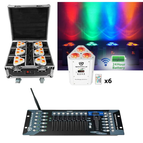 Rockville ROCKWEDGE PACKAGE White 6) Battery Lights Case Wireless DMX Controller