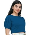 thumbnail image 3 of eloria Women's Casual Blouse Tops, Ruffle Puff Sleeve, Round-Neck Top Color: Navy Blue | Size: L, 3 of 6