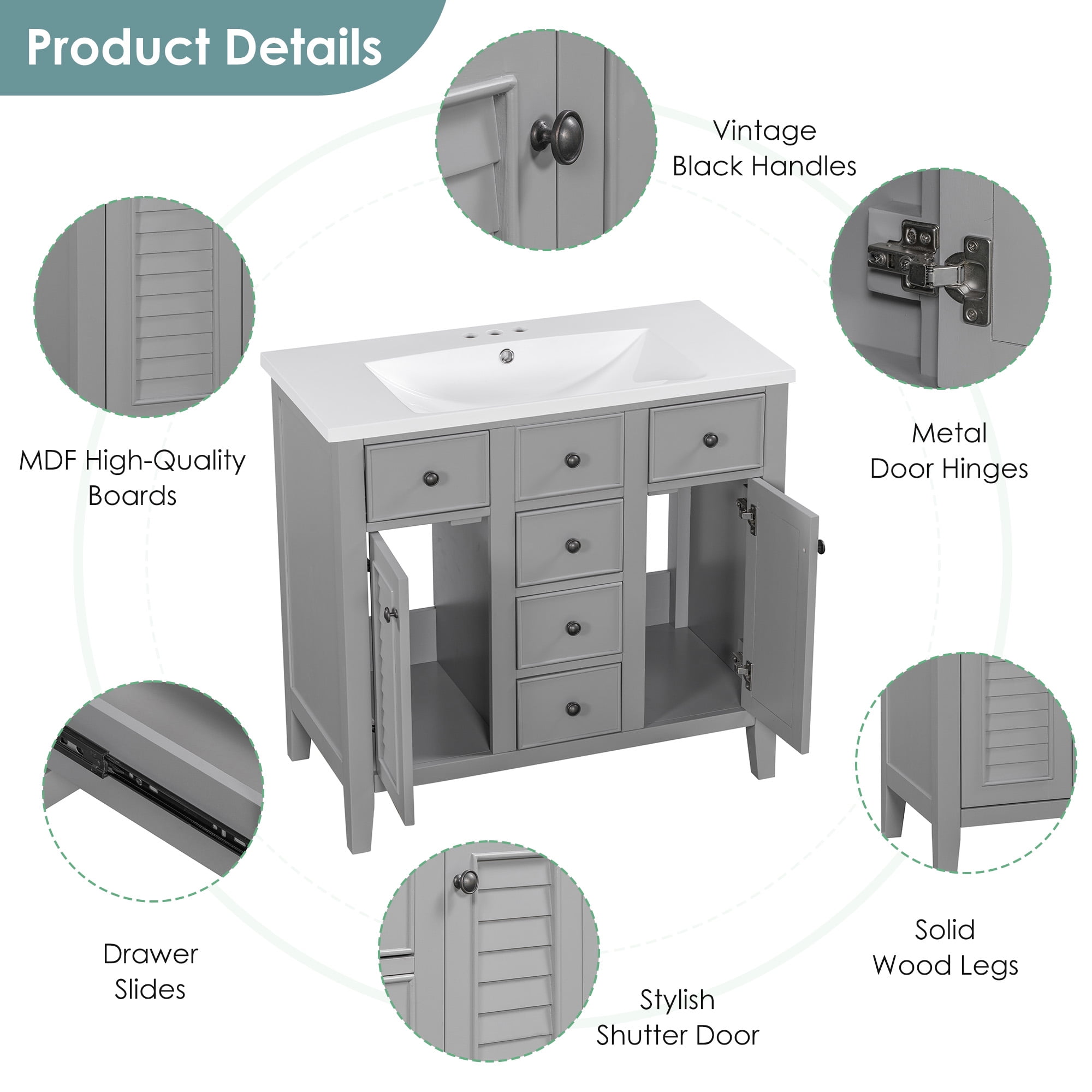 SogesPower 36" Bathroom Vanity with Ceramic Sink, Solid Wood Bathroom Makeup Cabinet with 2 Cabinets and 5 Drawers, Modern FreeStanding Single Basin Vanity Set for Bathroom, Grey