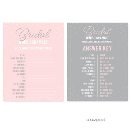 Word Scramble  Pink Blush and Gray Pop Fizz Clink Wedding Bridal Shower Game Cards, 20-Pack