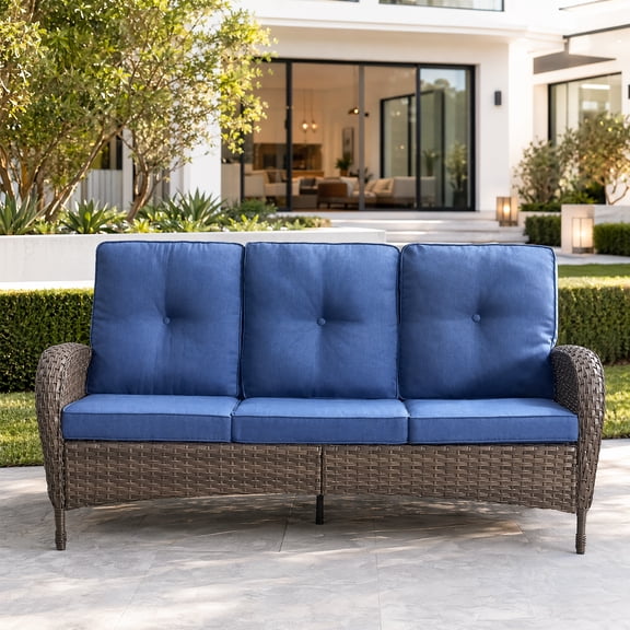 POCASSY 72" Wide Outdoor Sofa Furniture Brown Outdoor Wicker Sofa Weather Resistant Rattan with Deep Seat for Patio Backyard Porch, Blue
