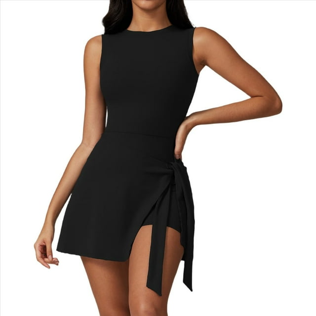 Vestido de Tenis Cuello Alto para Mujer, Sin Mangas, con Falda Cruzada y Pantalones Cortos Incorporados, Vestido Deportivo de Golf, Mono de Entrenamiento, Negro Avanzado, Talla S