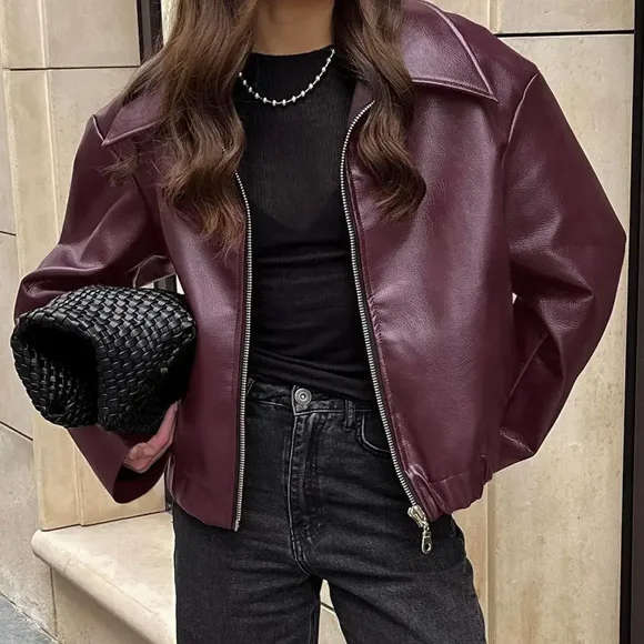 Elegant Burgundy Faux Leather Jackets Lapel Zipper Long Sleeve Female Coats 2024