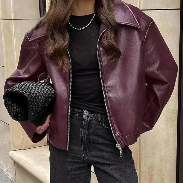 Chaqueta de piel sintética para mujer, abrigo elegante de manga larga con solapa y cremallera, color burdeos, moda urbana, otoño e invierno, 2024
