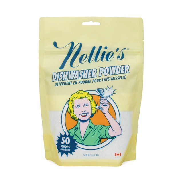 Nellie's Dishwasher Powder unscented detergent in yellow resealable bag for 50 loads, weighing 726 grams.