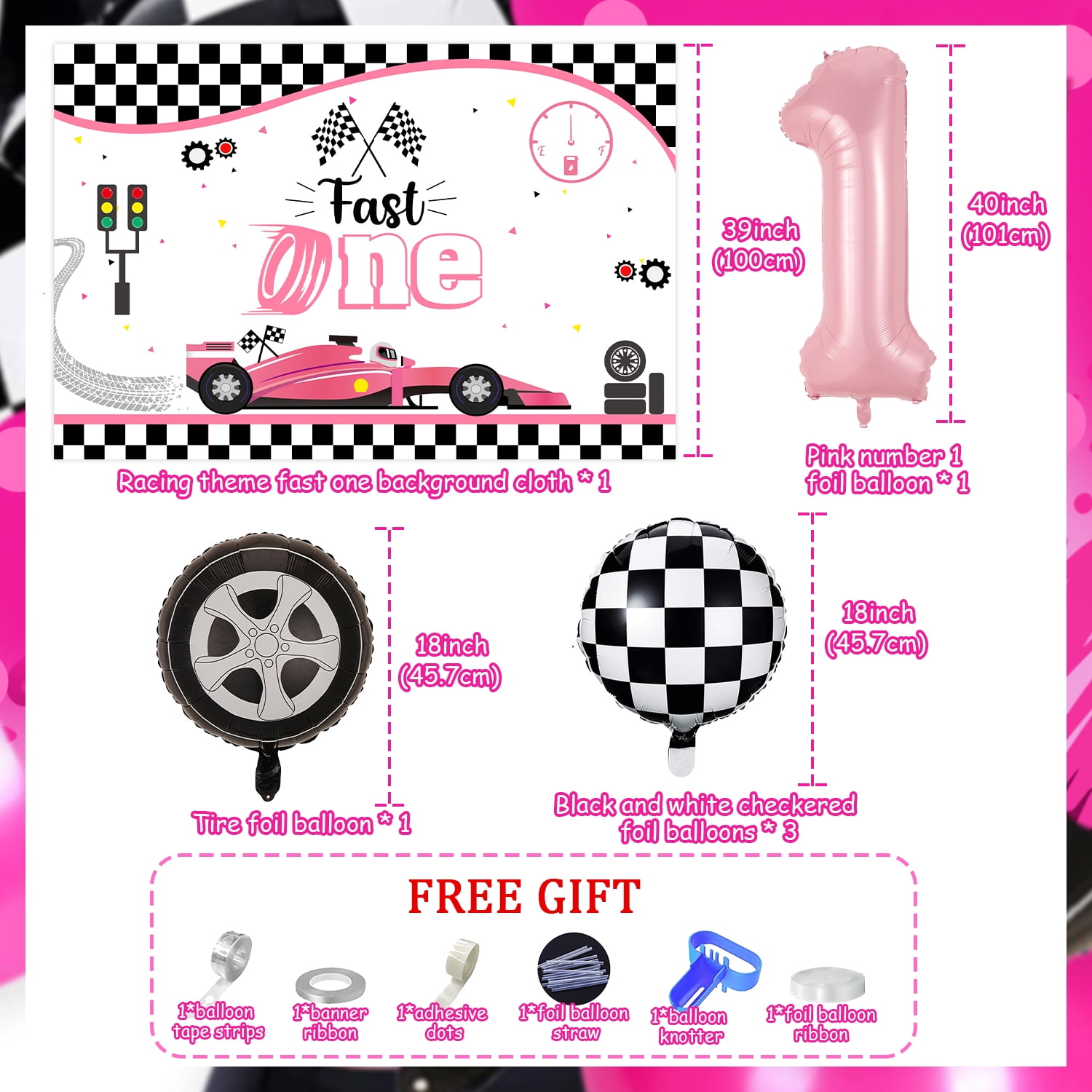Race Car Theme 1st Birthday Party Decorations for Girls, Fast One Birthday Party Supplies, Pink Lattice Balloon Garland Arch Kit and Fast One Backdrop for Racing Car First Birthday Party