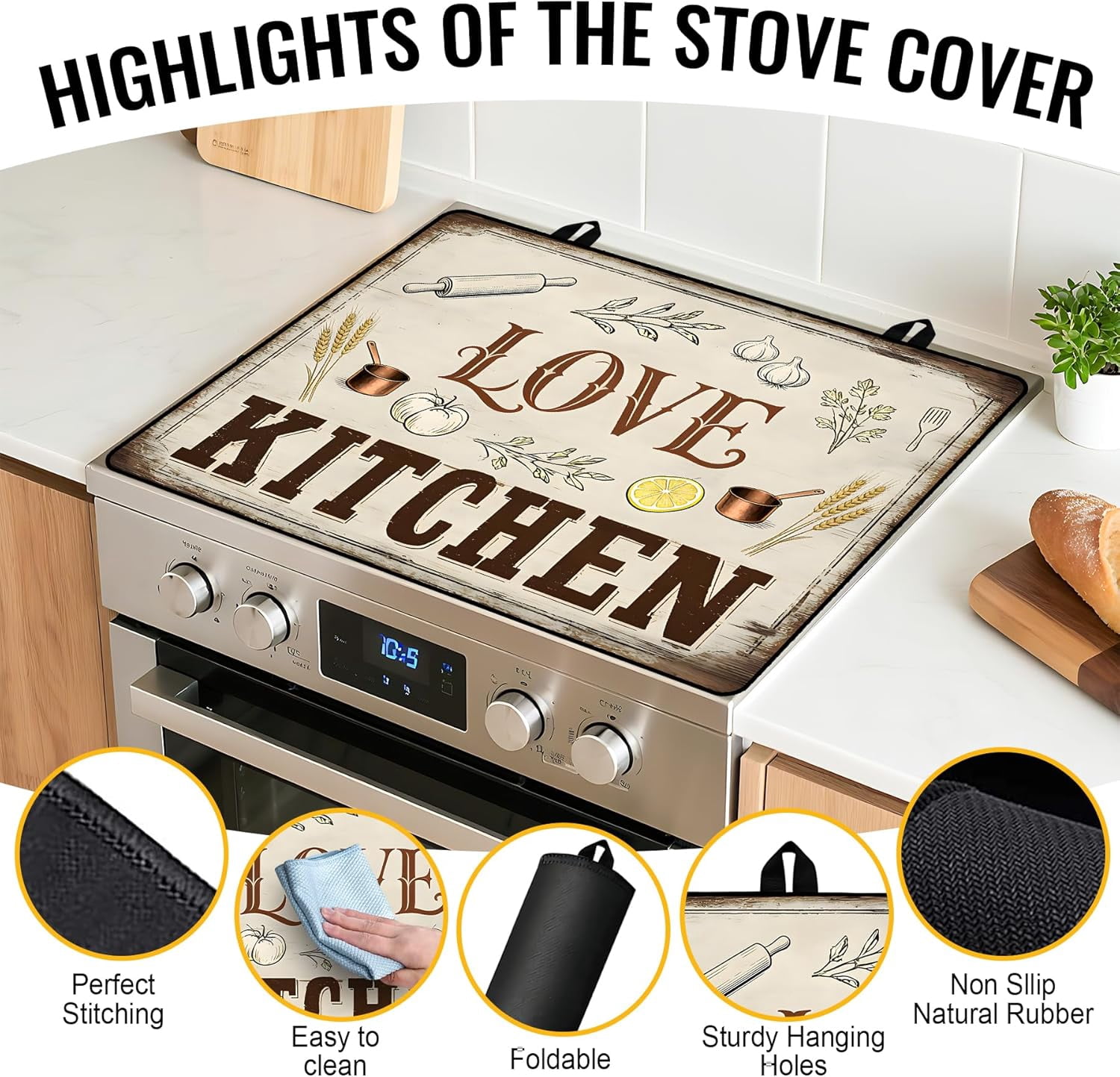 Stove Top Cover for Electric Stove 28.5x20.5 Inch Silicone Stove Topper & Protector, Decorative Kitchen Mat for Electric/Glass Stove Top (Rustic Farmhouse Kitchen)