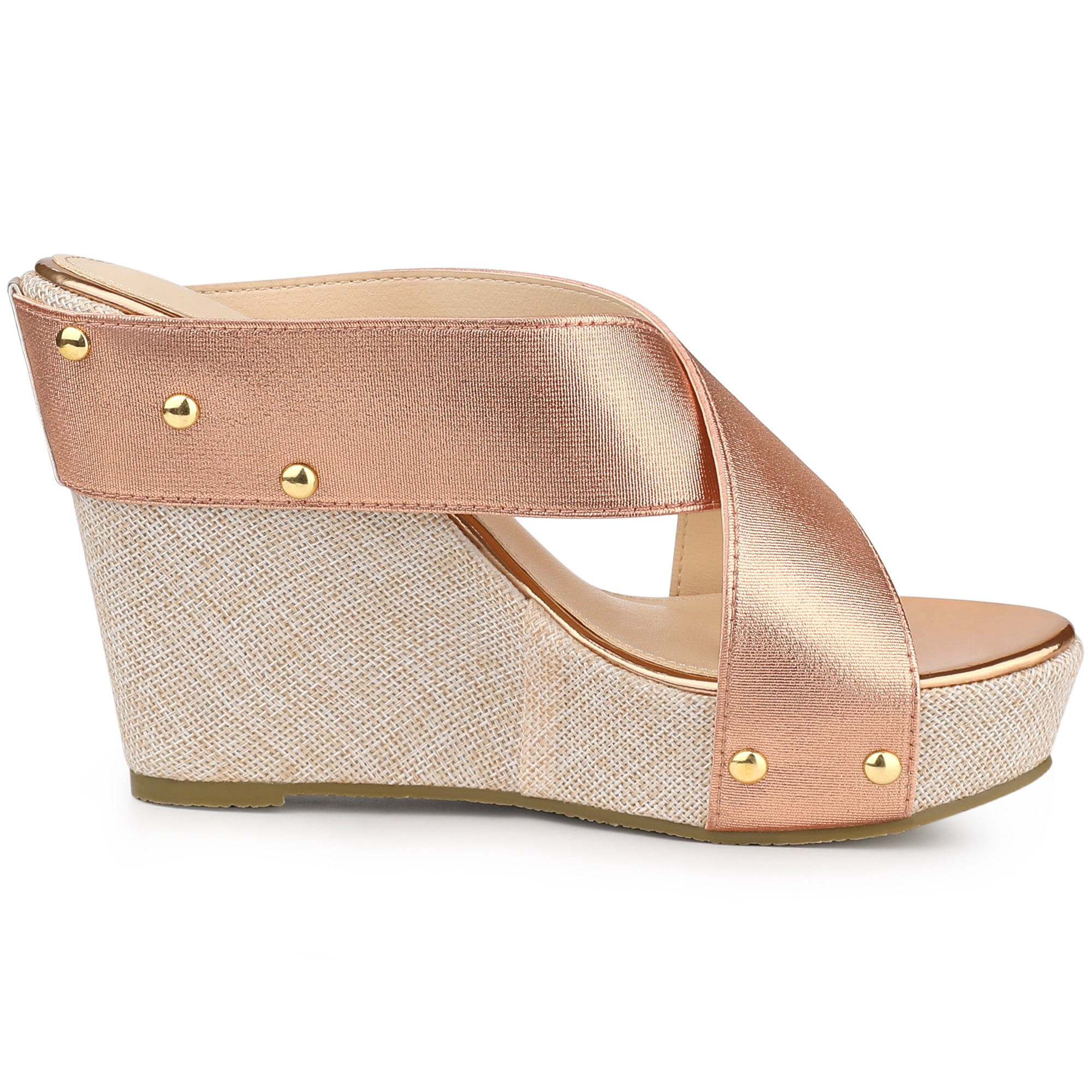 DARING DIVA Women's Stylish Open Toe Linen Platform Slide Wedge Sandals Rose Gold 7
