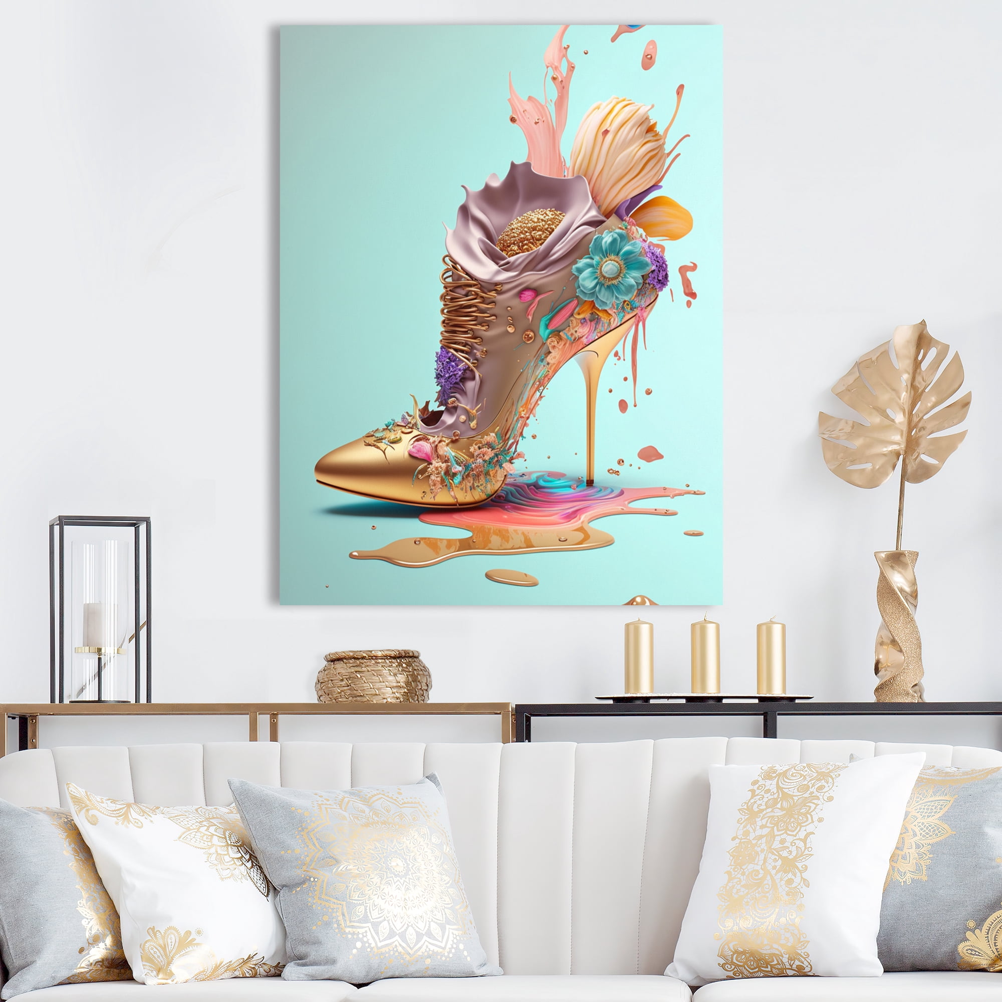 Designart Blue Floral Hight Heels I Canvas Wall Art