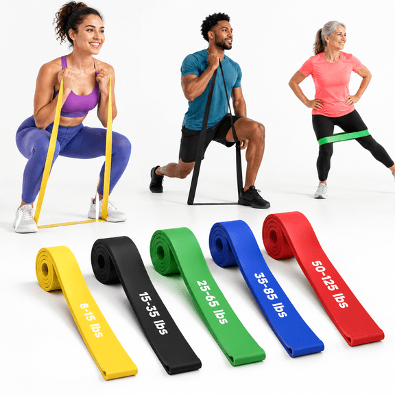 Set of 5 Heavy Duty Latex Pull Up Resistance Bands, 8-125 Lbs Resistance Levels