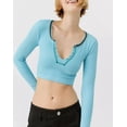 thumbnail image 2 of Women Long Sleeve Crop Tops Ribbed Tee Shirts Solid Color Vintage V Neck T-Shirt Streetwear, 2 of 7