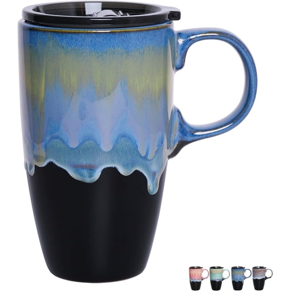 Ceramic Travel Coffeel Mug with Handle and Lid, 18 oz, Portable Coffee Cup for Cup Holder, Microwave and Dishwasher Safe, Reactive (Blue)