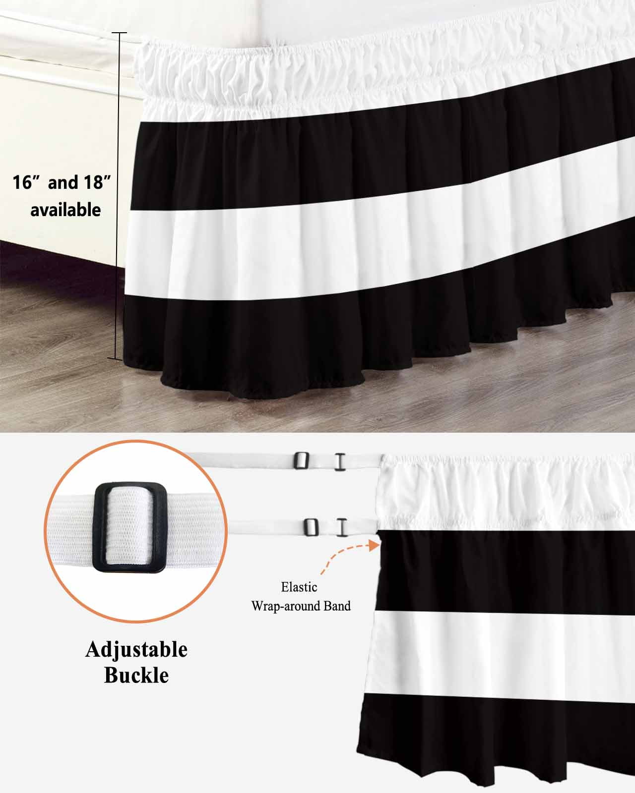 Black and White Stripe Pattern Bed Skirt Queen Size 16" Drop Simple Style Ruffled Wrap Around Bed Skirts Adjustable Elastic Bedskirt Dust Ruffle for Queen Size Bed