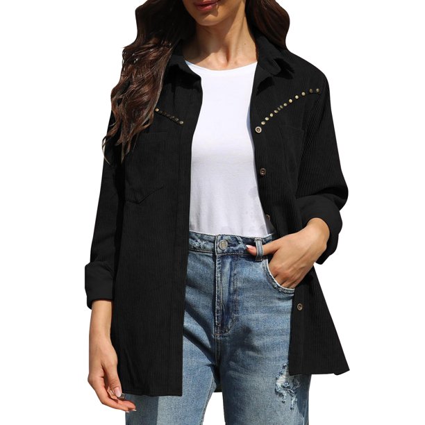 Camisa de pana de moda para mujer, Color sólido, cuello vuelto, manga larga, bolsillo de un solo pec Abanopi Grande