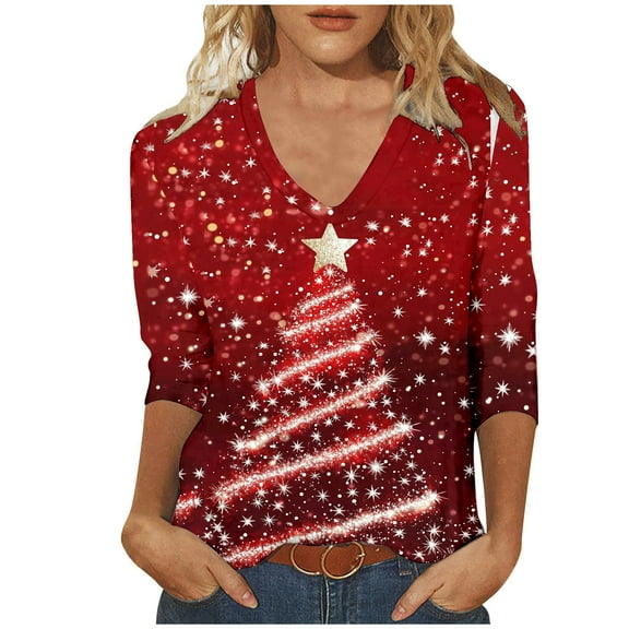 asdoklhq Christmas V Neck Sweaters for Women Ladies' Christmas Fashion Casual Printed V-neck Quarter Sleeve Top Red 3X