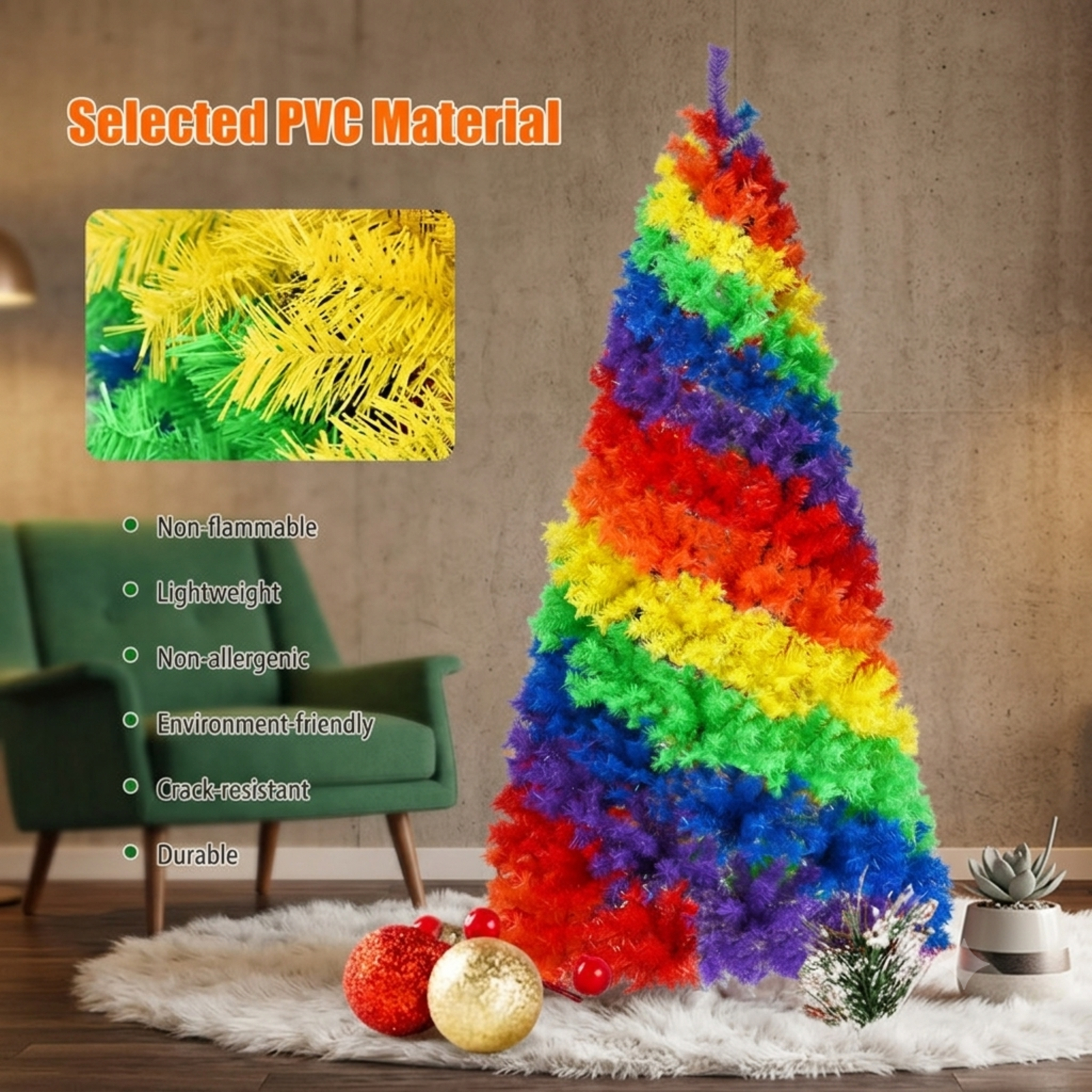 RUIE, 7 ft, Artificial Christmas Tree, with Metal Stand, 1213 Branch Tips, Multicolor Holiday Xmas Tree for Indoor Home Office Decoration