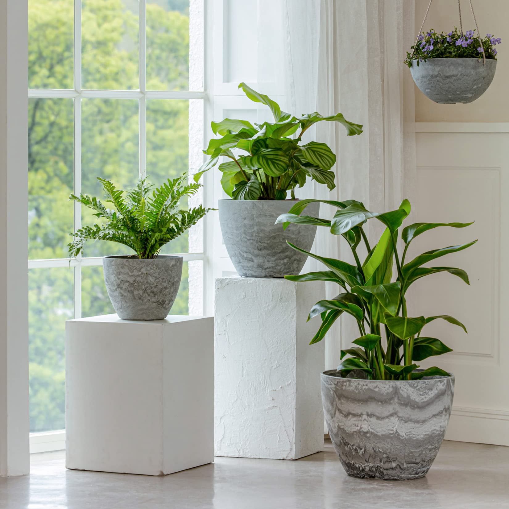 Large Hanging Planters Set of 2 13 Inch Flower Pots Outdoor Indoor Garden Decor Iron Finish
