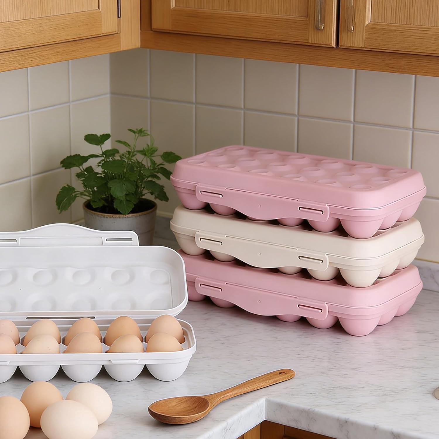 ABPETE Large Capacity Outdoor Egg Holder, Plastic Egg Fresh Carrier Egg Storage Container Organizer Box for Fridge, Stackable Egg Holder for Refrigerator Picnic Hiking Travel, 18 Eggs Tray Pink