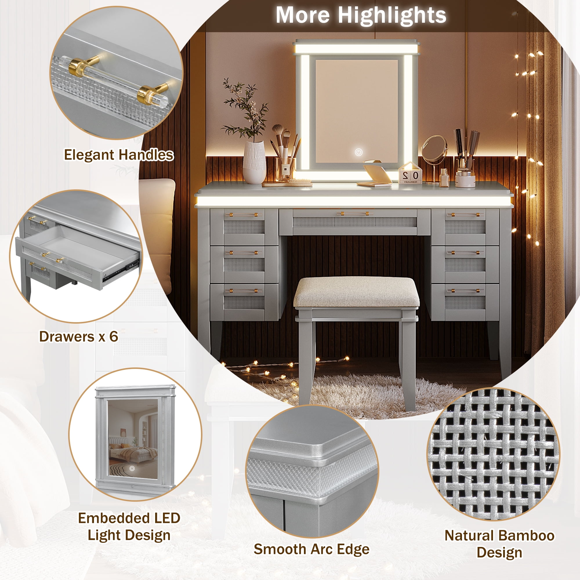 Euroco 48 inch Vanity Desk with Mirror and Lights, Makeup Vanity with 7 Drawers and Cushioned Stool, Classic Grey Finish Dressing Table with Hollow