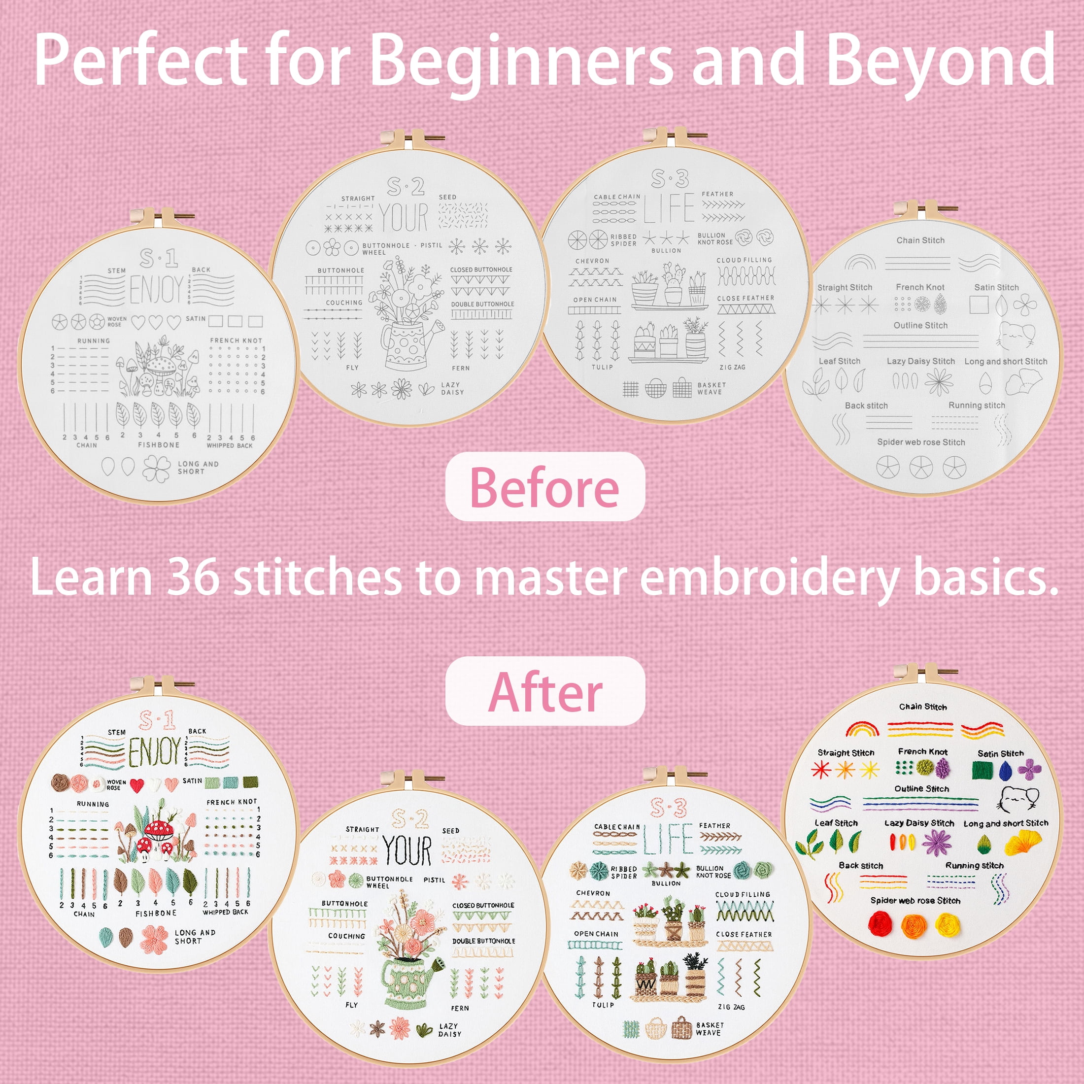 Yalumo Embroidery Kit for Adult Beginners, 4 Pack Stitch Practice Set to Learn 36 Basic Stitches, Hand Cross Stitching Kit with Hoop, Tools, Colorful Threads, and Needles