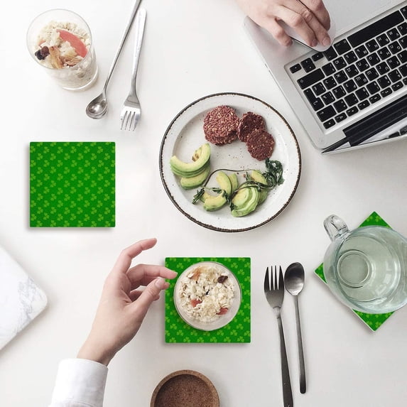 FMSHPON Happy St. Patrick's Day Clover Set of 6 Coaster for Drinks, Absorbent Ceramic Stone Coasters Cup Mat with Cork Base for Home Kitchen Room Coffee Table Bar Decor