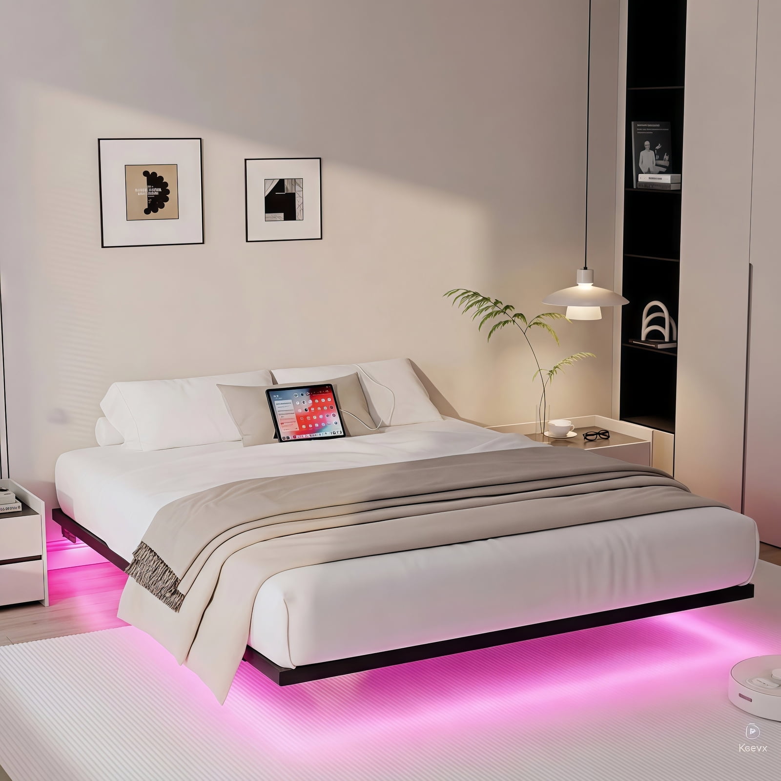 Dayago Minimalist Floating Queen Bed Frame with LED Lights and Charging Station, Sturdy Platform Design