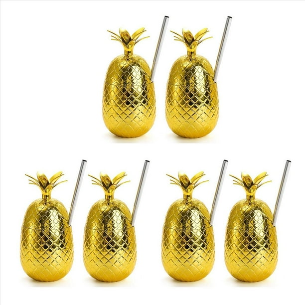 Paquete de 6 Vasos para Bebidas de Piña, Vaso de Piña Dorado de 450 Ml con Pajita Estirada, Vasos para Fiesta de Luau Hawaiano