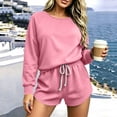 thumbnail image 5 of Women's 2 Piece Tracksuit Outfit Raglan Long Sleeve Crew Neck Sweatshirt and Sweatshorts Sets Soft Casual Y2K Streetwear Workout Set Pink, 5 of 6
