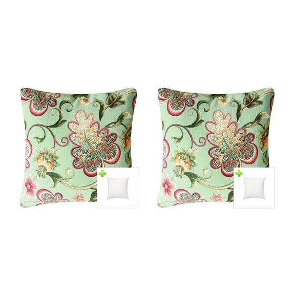 FBTS Prime Outdoor Pillows Green Flowers Set of 2 Patio Accent Throw Pillows 18x18 inch Square Toss Pillows for Couch Bed Sofa Patio Garden Furniture