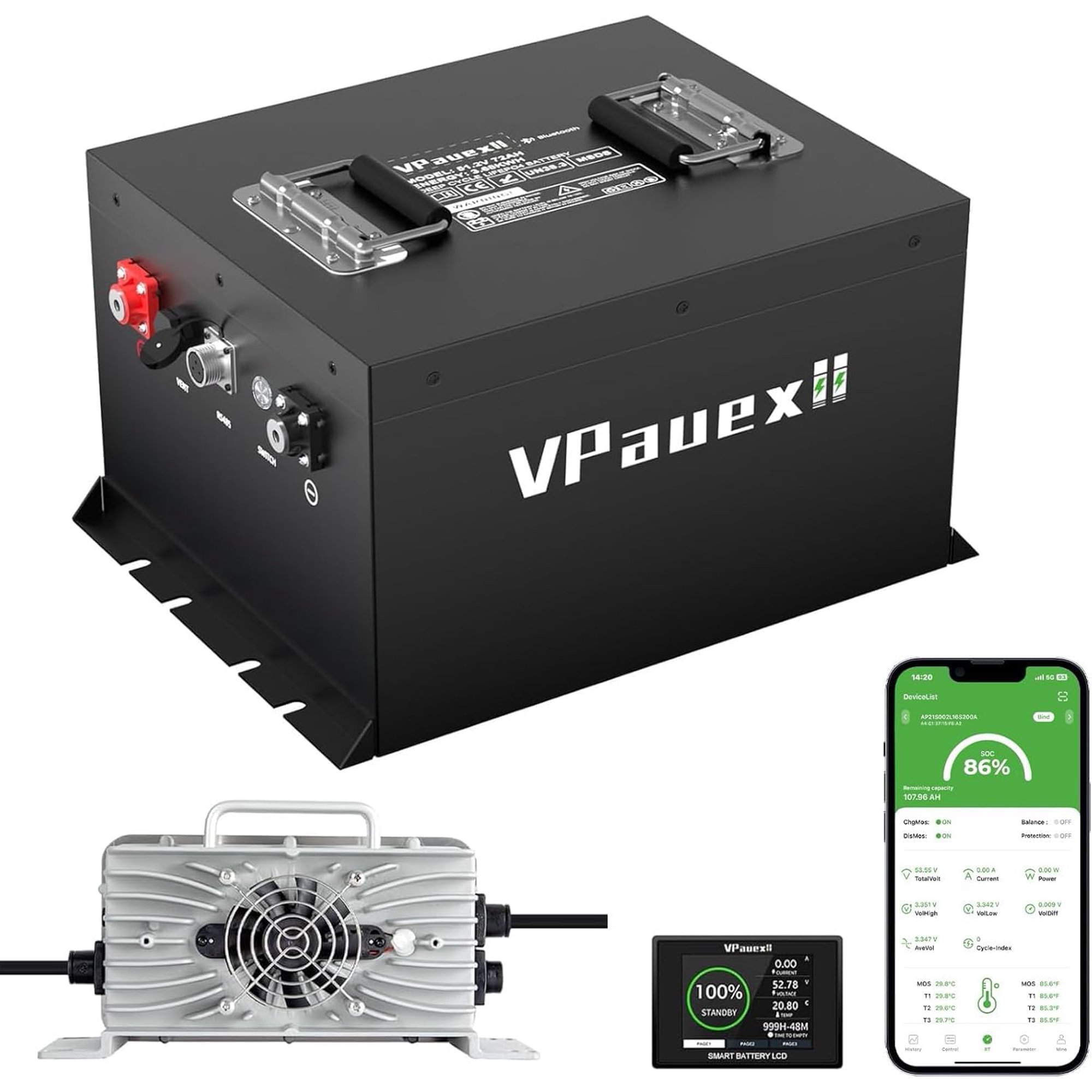 48V Lithium Battery Golf Cart,48V 72Ah Golf Cart Batteries with 18A Charger,Built-in 200A BMS,Metal Casing,Supports Bluetooth Mobile APP,Touch Monitor,6000+ Cycles,Peak Current 1000A,Max 10.24kW