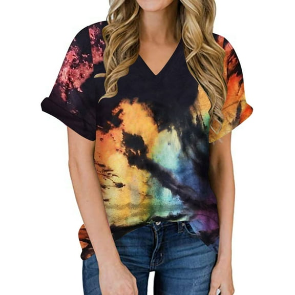 Viikei Women's Plus Size Short Sleeve Tie-dye V-Neck Tunic Crack Color Print Loose T-Shirt