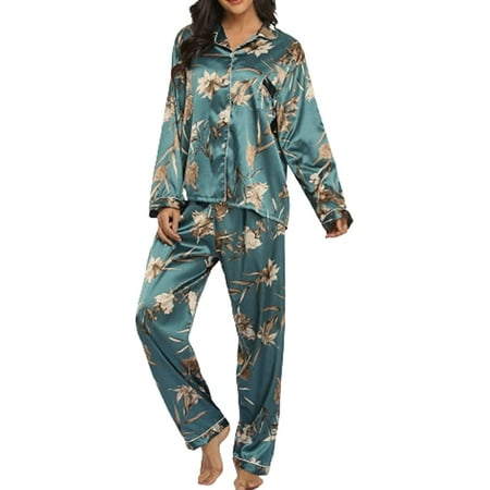 

PIKADINGNIS Women Print Pajama Set Long Sleeve Two-Piece Sleepwear V-Neck Nightwear Warm Soft Loose Fit Pjs Indoor Wear