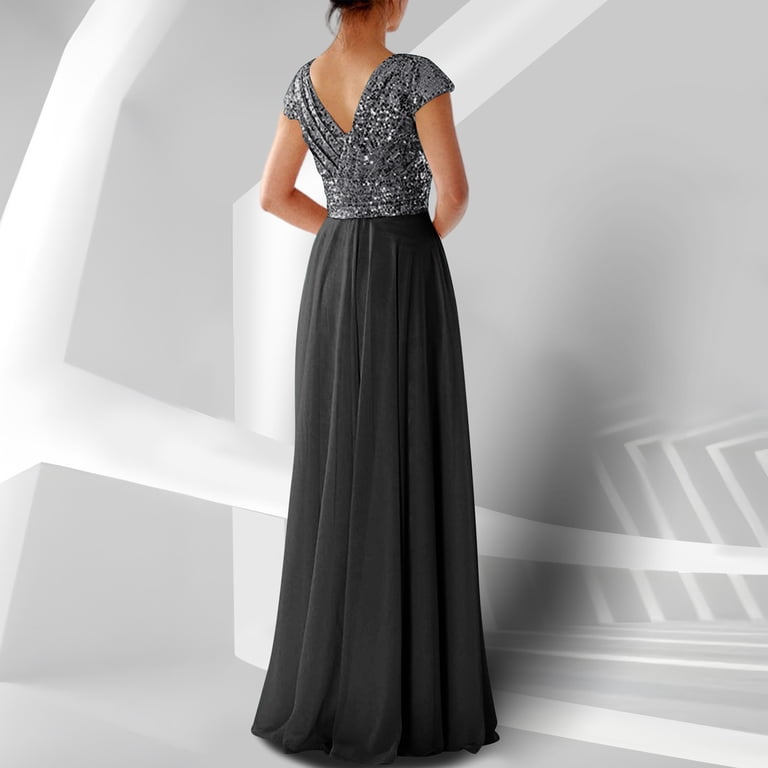 Joau Women's V Neck Sparkly Glitter Sequin Chiffon Maxi Dresses Formal Gowns Wedding Guest Dresses Evening Party Cocktail Dress, Size: Medium, Black