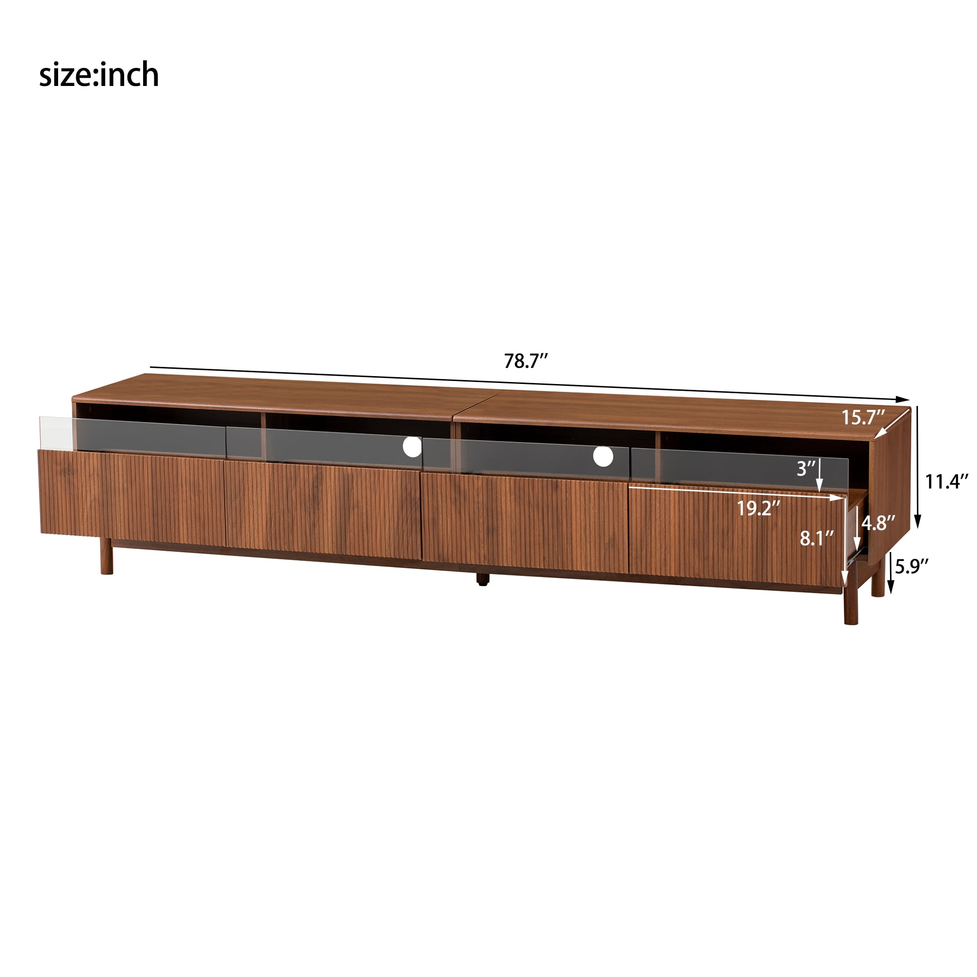 Homy Casa 78.7" Walnut TV Stand for 85" TVs with 4 Fluted Glass-Front Drawers and Cable Management