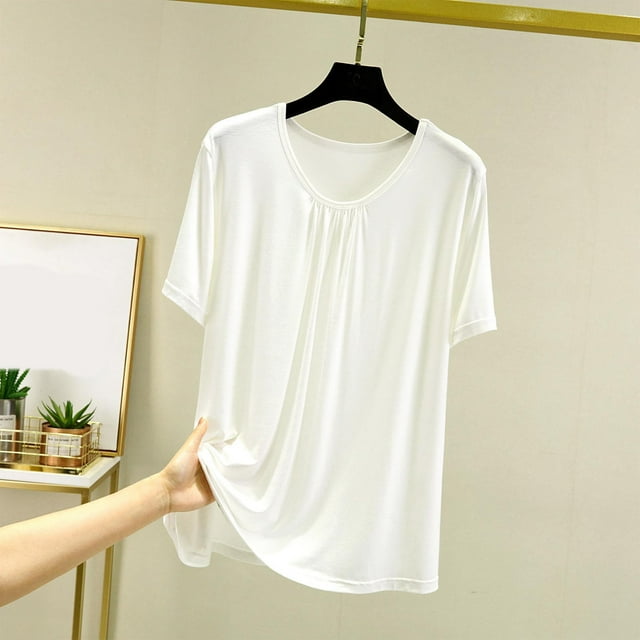 Bwomeauty T-Shirt de Dessous à Col Rond pour Femme, Manches Courtes, Plissé, T-Shirts Décontractés, Haut de Pyjama Uni, m