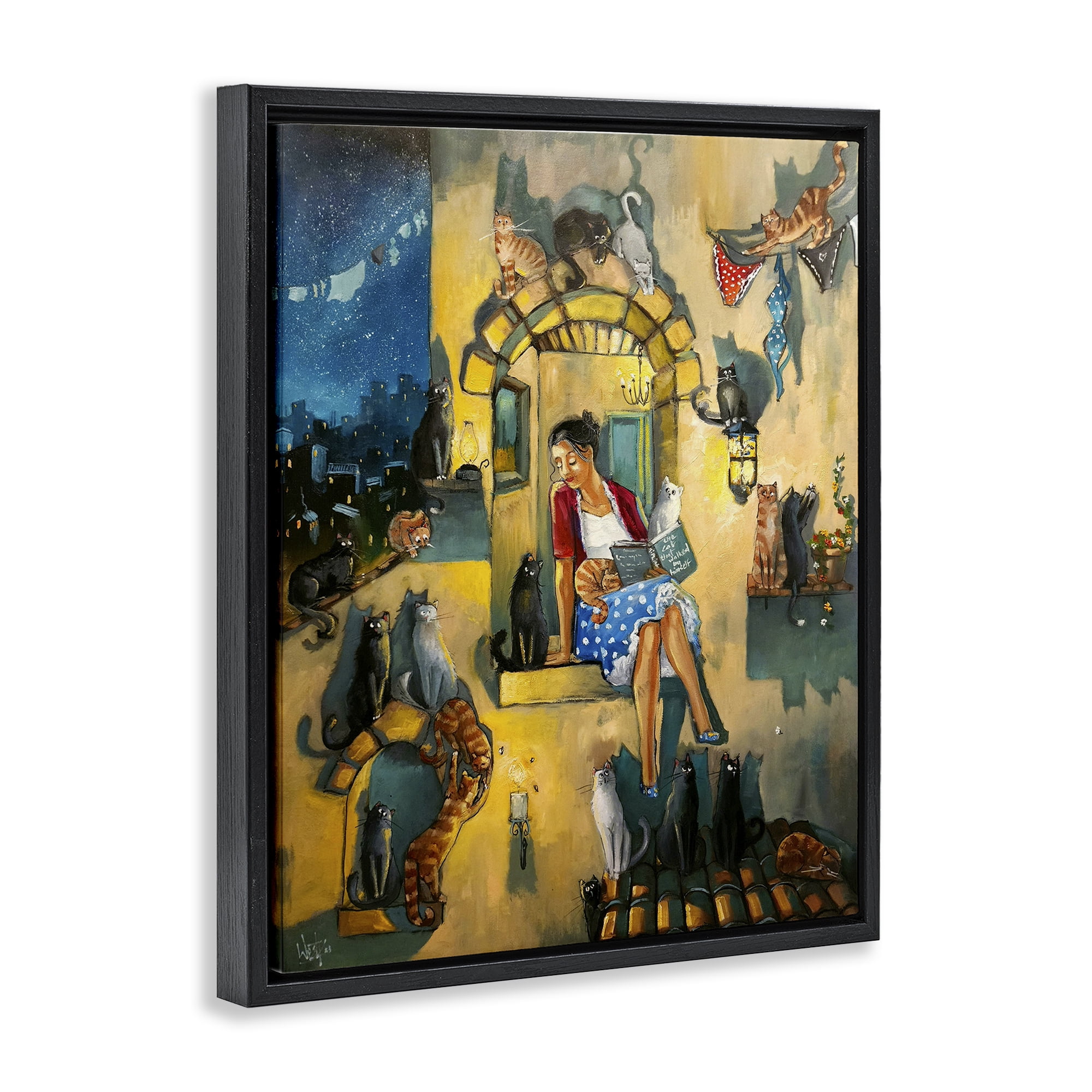 Stupell Industries Window Scene with Cats Town & City Painting Black Floater Framed Canvas Art Print Wall Art, 25 x 31