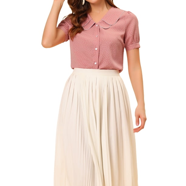 INSPIRAR CHIC Blusa Vintage para Mujeres con Lunares, Cuello Peter Pan, Mangas Cortas Abullonadas, Talla XS, Rosa